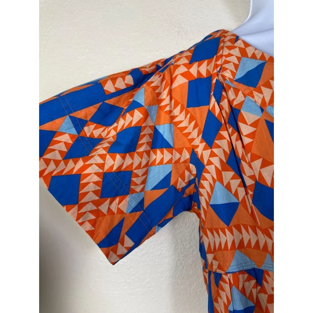 New Marea Womens Grecian Poplin Dress Short Sleeve Orange Blue Size Medium Boho - Picture 14 of 16